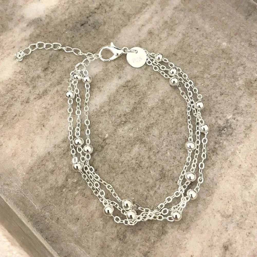925 Sterling Silver Multi Layer Bead Bracelet Chain Ball Bracelet